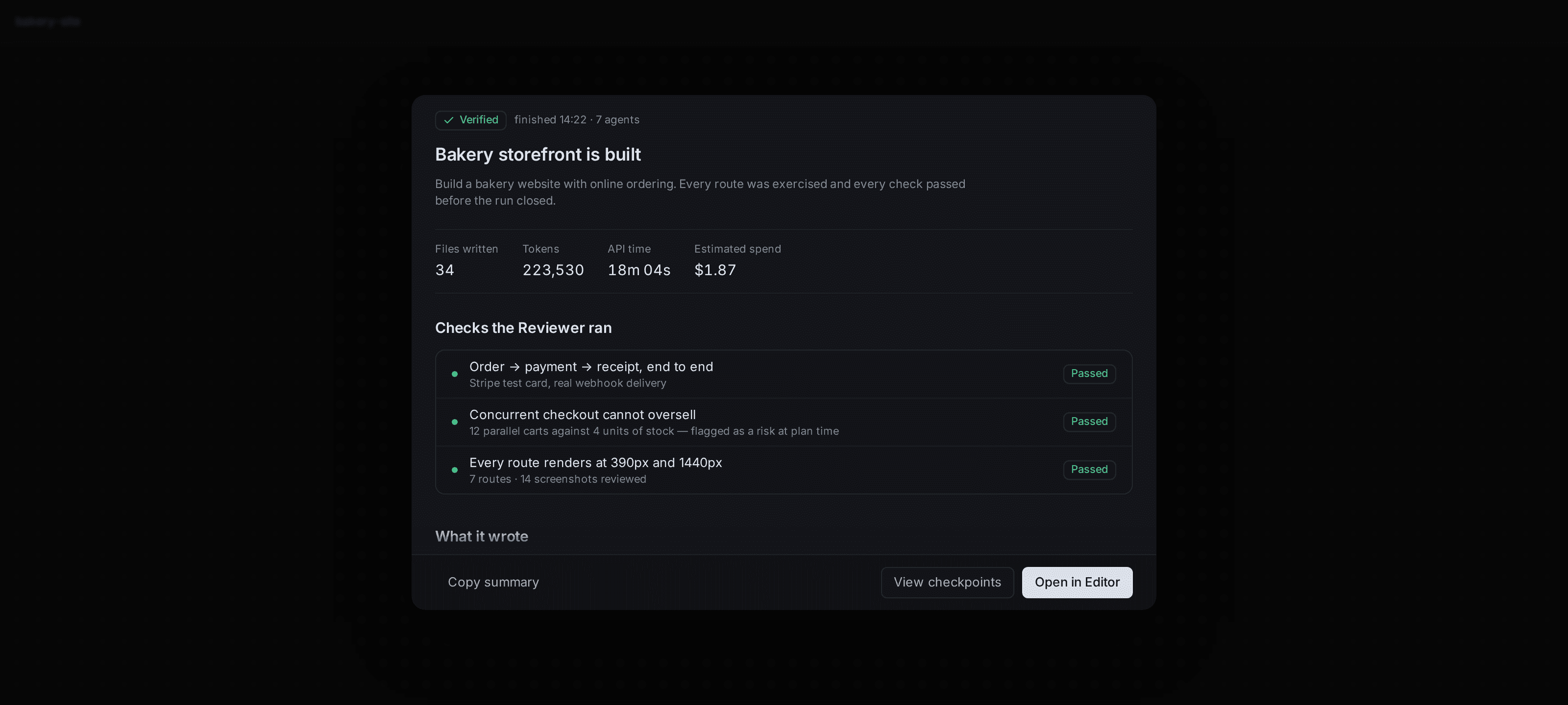 Exova's report for a finished mission, badged Verified, listing the checks the Reviewer ran before the run closed: an end-to-end order-to-receipt test, a concurrent-checkout test against limited stock, and a render check across two screen widths — each marked Passed.
